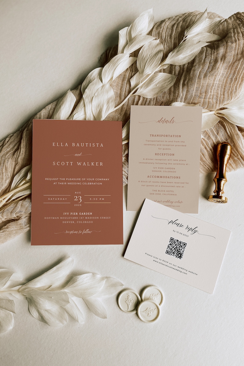 Terracotta Wedding Invitation Set, Minimalist Desert Wedding Invite, Burnt Orange Wedding Invitation Template, Rust Wedding, Boho Invite image 3