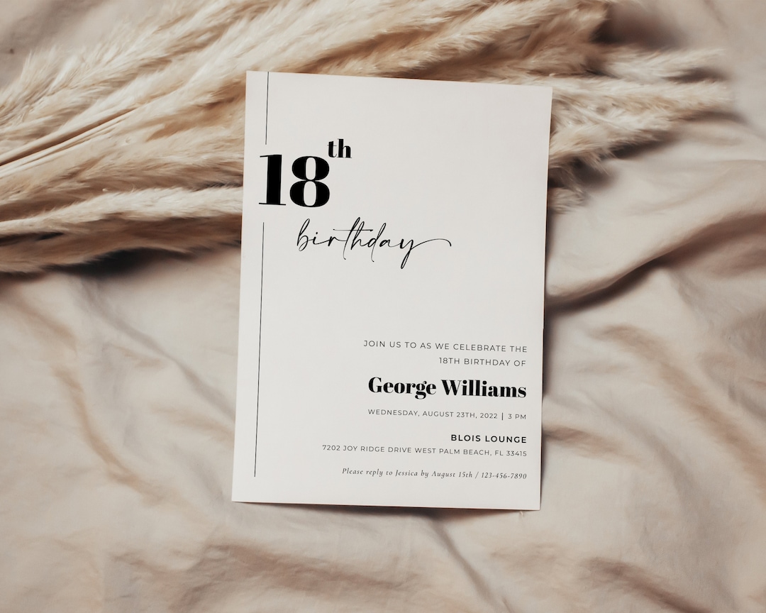 18th Birthday Invitation, Printable 18th Birthday Invite, Minimalist ...
