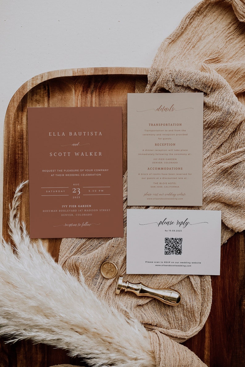 Terracotta Wedding Invitation Set, Minimalist Desert Wedding Invite, Burnt Orange Wedding Invitation Template, Rust Wedding, Boho Invite image 1