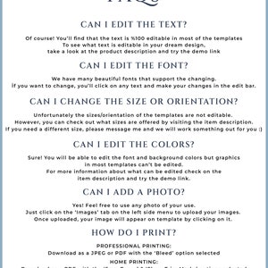 Puede incluir: Un gr&aacute;fico azul y blanco con el texto "FAQs" en una fuente grande. El gr&aacute;fico enumera preguntas frecuentes sobre la edici&oacute;n e impresi&oacute;n de plantillas digitales, incluida la posibilidad de editar texto, fuentes, colores y agregar fotos. Tambi&eacute;n incluye informaci&oacute;n sobre las opciones de impresi&oacute;n, como la impresi&oacute;n profesional y en el hogar.