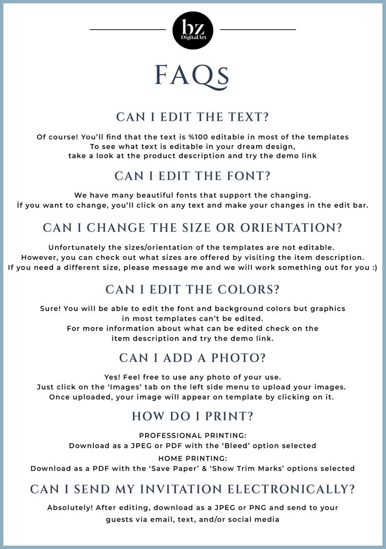 Puede incluir: Un gr&aacute;fico azul y blanco con el texto "FAQs" en una fuente grande. El gr&aacute;fico enumera preguntas frecuentes sobre la edici&oacute;n e impresi&oacute;n de plantillas digitales, incluida la posibilidad de editar texto, fuentes, colores y agregar fotos. Tambi&eacute;n incluye informaci&oacute;n sobre las opciones de impresi&oacute;n, como la impresi&oacute;n profesional y en el hogar.