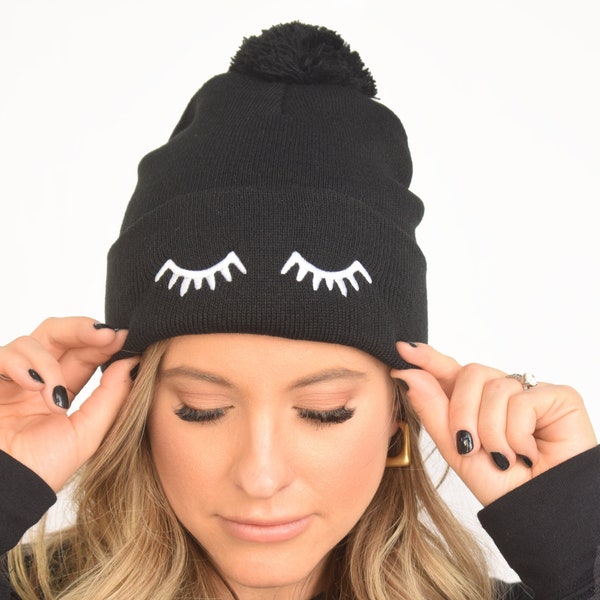 Embroidered Eyelash Beanie with Pom Pom Gift for Lash Tech, Lash Artist, and Makeup Artists