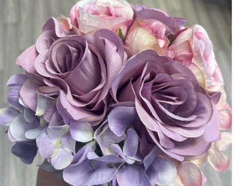 Artificial Rose and Hydrangea bundle in mauve/violet - 9 mixed stems per bundle, high quality artificial silk flowers