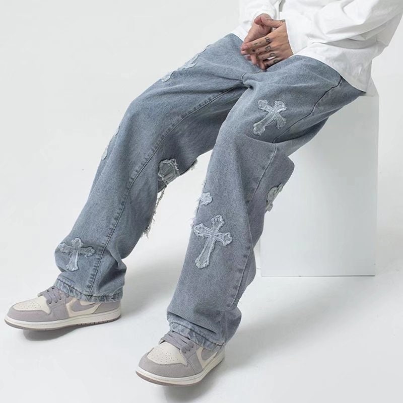 Cross Design Men Streetwear baggy jeans trousers Cross hip hop Mens Loose  Jeans Pants Women oversized Boyfriend Jeans Denim Jeans