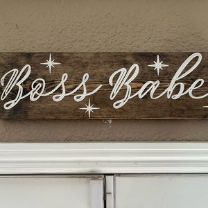 Pine wood Engraved sign &quot;Boss Babe&quot; Espresso