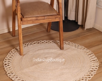 White Jute Round Rug – Handbraided Boho Floor Mat