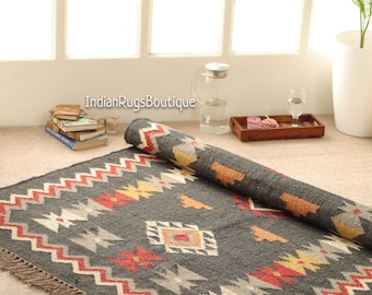 Vintage Wool Jute Kilim Rug, Handwoven, Wool and Jute Rug Handmade, Kilim Dhurrie Rug, Traditional Indian jute Area Rug