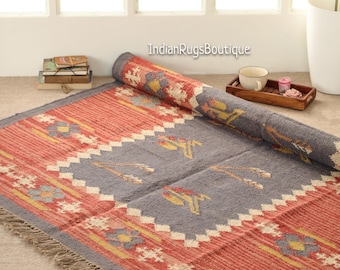 Wool Jute Rug, Handmade Kilim Dhurrie Rug, Indian Dhurrie Rug, Vintage Kilim Rug, Indoor /Outdoor Rug, Turkish & Southwestern Rug
