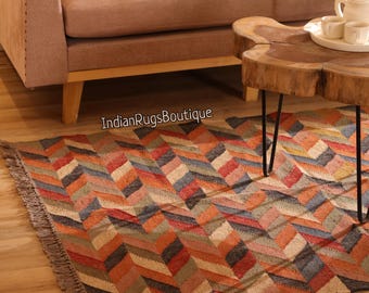 Alfombra Kilim tejida a mano, alfombra de lana y yute hecha a mano, alfombra Kilim Dhurrie, alfombra Boho Kilim, ALFOMBRAS DE YUTE tradicionales indias/LANA