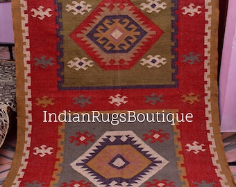 Handmade Large Kilim Rug, Handwoven, Wool and Jute Rug Handmade, Kilim Dhurrie Rug, Motifs, Oriental, Traditional Indian, Geometric, Turkish