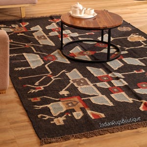Handmade Kilim Rug, Handwoven, Wool Jute Kilim Rug, Kilim Dhurrie Rug, Traditional Indian Jute Area Rug, Indoor/Outdoor Rug, Area Rug