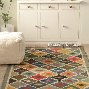 Kilim Rug, Handwoven, Wool and Jute Rug Handmade, Kilim Dhurrie Rug, Traditional Indian Jute Area Rug