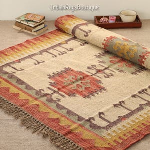 5 x 8 wollen jute kelimtapijt, woondecoratietapijten, nieuw wollen tapijt, vintage karpet, boho decortapijt, handgemaakt wollen jute tapijt