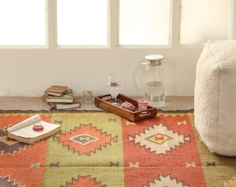 Tapete Kilim de Lã e Juta, Tapete Kilim Dhurrie Feito à Mão, Tapete Kilim de Lã e Juta Feito à Mão, Tapete Kilim Dhurrie, Tapete Tradicional Indiano 8x10/TAPETES DE LÃ E JUTA