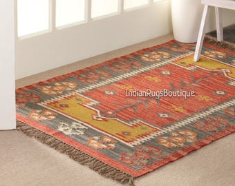 Handmade Vintage Wool Jute Kilim Rug, Navajo Kilim Rug, Aztec Rug, Accent Rug, Indoor/Outdoor Rug, Living Room Rug, Indian Dhurrie Rug