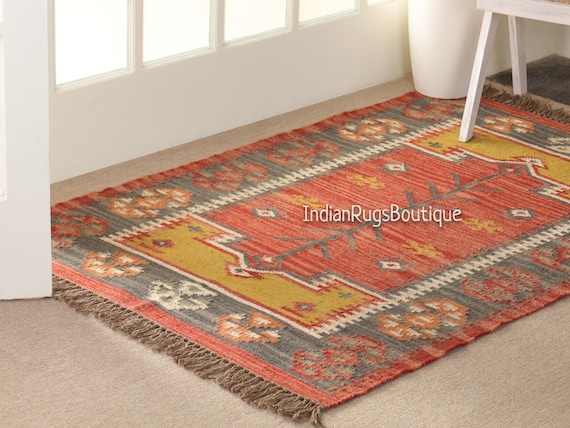 Handmade Vintage Wool Jute Kilim Rug, Navajo Kilim Rug, Aztec Rug, Accent Rug, Indoor/Outdoor Rug, Living Room Rug, Indian Dhurrie Rug