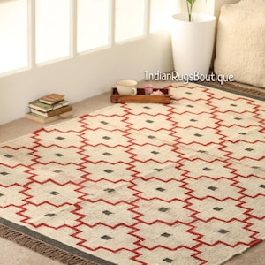 Vintage Wool Jute Kilim Rug, Handwoven, Wool and Jute Rug Handmade, Kilim Dhurrie Rug, Traditional Indian jute Area rug, Gift