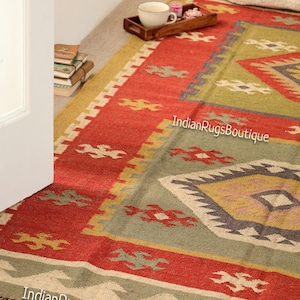 Custom Size Indian Handwoven Kilim Wool Jute Rug, Multicolor Decor Rug, Fringes Jute Rug, Rectangle Shape Rug, Vintage Kilim Dhurrie Rug