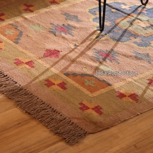 Traditional Handwoven, Kilim Rug, Wool and Jute Rug Handmade, Kilim Dhurrie Rug, Indian Jute Area Rug 8x10, Vintage Kilim Rug