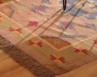 Traditional Handwoven, Kilim Rug, Wool and Jute Rug Handmade, Kilim Dhurrie Rug, Indian Jute Area Rug 8x10, Vintage Kilim Rug