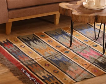 Kilim Rug, Handwoven, Wool & Jute Dhurrie, Traditional Indian Kilim Area Rug, Durable Handmade Floor Decor, Bohemian Kilim Rug, Custom Rug
