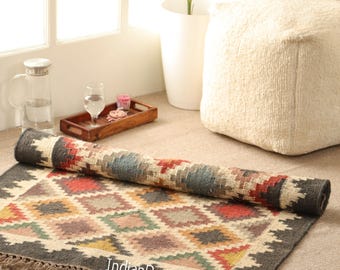 Kilim Rug, Handwoven, Wool and Jute Rug Handmade, Kilim Dhurrie Rug, Traditional Indian Jute Area Rug