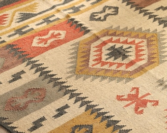 Tapete Kilim de Lã e Juta, Tapete Kilim Dhurrie Feito à Mão, Tapete de Lã e Juta Feito à Mão, Tapete Kilim Dhurrie, Tapetes Tradicionais Indianos/de LÃ e JUTA