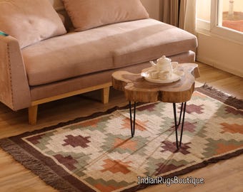 Tapete Kilim Dhurrie de Lã e Juta Feito à Mão, Tapete Tradicional Indiano/TAPETES DE LÃ E JUTA, Tapete Kilim de Lã e Juta Tecido à Mão, Tapete Kilim Dhurrie