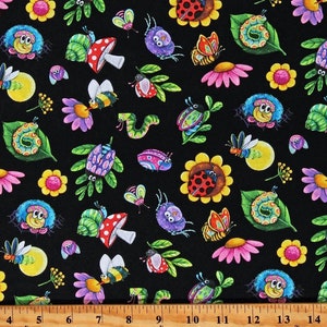 Elizabeths Studio Black Insects Mushrooms  Floral Fabric By The Yard