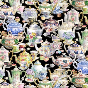 May include: A repeating pattern featuring a variety of teapots, teacups, and saucers in various colours and floral designs. The teacups and teapots are decorated with gold trim and sit on a black background. The image includes cakes and pastries.