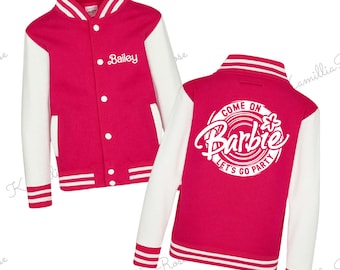 Chaqueta Varsity temática de muñeca Barbie personalizada - rosa brillante, niños, a juego, moda, popular, cumpleaños, Navidad, regalo, moda, Ken