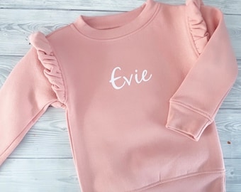 Girls Personalised Frilled Sweatshirt | Baby | Toddler | Children | Matching | Fashion | Popular | Birthday | Gift | New | Jumper | Sweater