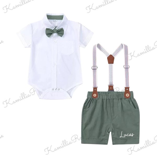 Kids Tales - SAGE - Jungen Shorts, Hosenträger und Shirt Set, festliche Kleidung, 1