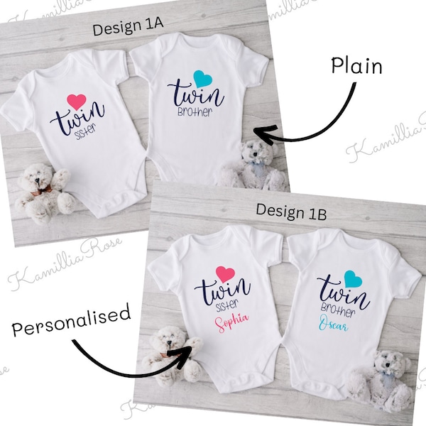 Twin Baby Vests | Twins | Unisex | Personalised Vests | Keepsake | Special | New Babies | Name Announcement | Twin Brother | Twin Sister