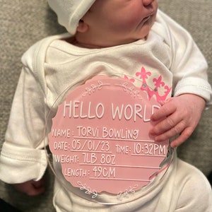 Hello World - Personalised New Baby Birth Stats Acrylic Disc, Baby Milestone Disc, Unisex, Welcome to the world, Special Keepsake, Baby Gift