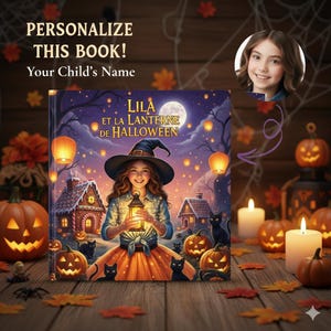 May include: A personalized Halloween-themed book cover with the title "Lila et la Lanterne de Halloween." The cover features a girl in a witch hat holding a lantern, surrounded by pumpkins, black cats, and a full moon. Text reads "Personalize This Book!" and "Your Child's Name."