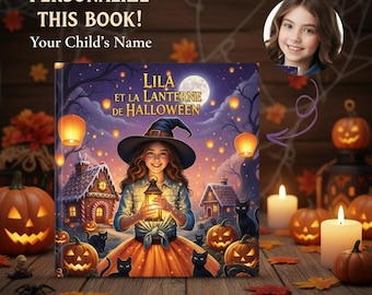 Puede incluir: Una portada de libro personalizada con temática de Halloween con el título "Lila et la Lanterne de Halloween". La portada presenta a una niña con un sombrero de bruja sosteniendo una linterna, rodeada de calabazas, gatos negros y una luna llena. El texto dice "¡Personaliza este libro!" y "El nombre de tu hijo".