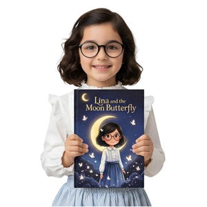 May include: A young girl wearing glasses holds a book titled "Lina and the Moon Butterfly." The book cover features an illustration of a girl with glasses standing in front of a crescent moon and butterflies against a dark blue background.
