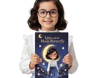 May include: A young girl wearing glasses holds a book titled "Lina and the Moon Butterfly." The book cover features an illustration of a girl with glasses standing in front of a crescent moon and butterflies against a dark blue background.