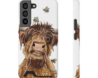 Highland Cow Watercolor Painting Phone Case: Card Holder, Magsafe Compatible