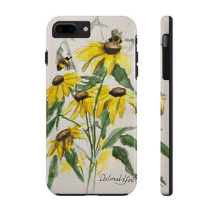 May include: A phone case featuring a watercolor painting of yellow coneflowers with brown centers and green leaves. Two bees are shown on the flowers. The artist's signature is visible. The case is white with black edges.