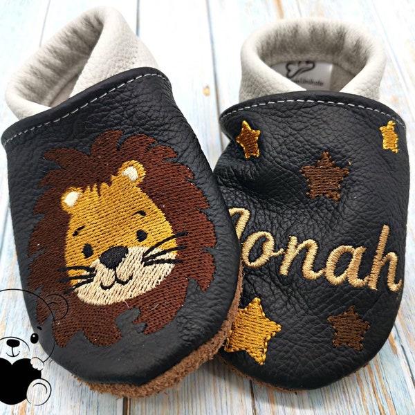 Baby Bio Krabbelschuhe mit Namen für Baby und Kinder (Öko Lederpuschen) mit Löwe - personalisierte Lauflernschuhe - Lederpatscherl