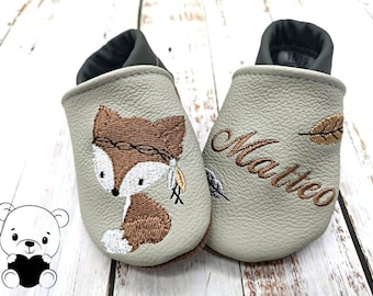 Baby Bio Krabbelschuhe mit Namen für Baby und Kinder (Öko Lederpuschen) mit Fuchs - personalisierte Lauflernschuhe - Lederpatscherl