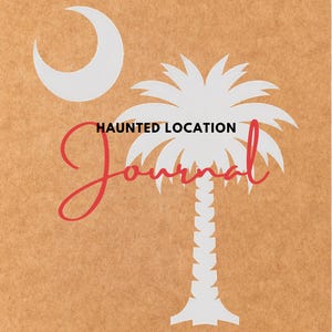 May include: A tan journal cover featuring a white crescent moon and a white palm tree graphic. The text HAUNTED LOCATION is printed in black capital letters, and the word Journal is written in a red cursive script across the centre.