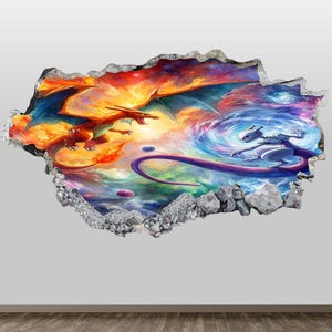May include: A wall sticker depicting a fantasy scene with two dragons. One is orange and red, set against a fiery sky, the other white and blue, in a swirling vortex. The sticker has a 3D effect, appearing to break through the wall, with a rocky border.