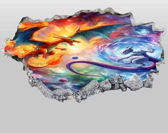 Charakter Wandaufkleber - Fan Art Wandaufkleber Mewtwo Charizard Pokemon Smashed Wall Art Dekor Kinderzimmer Poster Druck Geschenk Peel and Stick