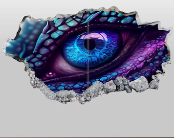 Dragon Eye Wall Decal - Wall Sticker Magical Dragon Smashed Wall Art Decor Vinyl Home Poster Print Custom Gift Peel and Stick