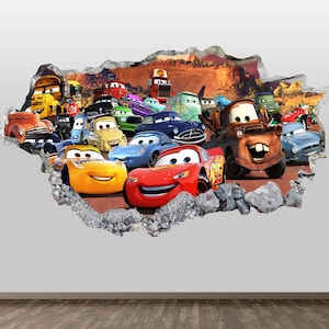 May include: A vibrant wall sticker depicting a group of cartoon cars. The cars are in shades of red, yellow, blue, and green. The design creates a 3D effect, with the vehicles seemingly breaking through a wall.