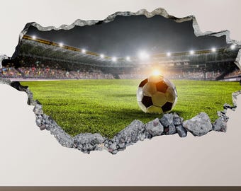 Soccer Wall Decal - Wall Sticker Stadium 3D Smashed Wall Art Kids Decor Vinyl Home Poster Print Custom Gift Peel and Stick