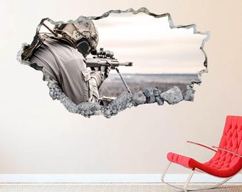 Scene Sniper Wall Decal - Wall Sticker War Game 3D Smashed Wall Art Kids Decor Vinyl Home Poster Print Custom Gift Peel and Stick
